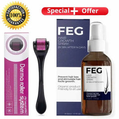FEG Hair Growth Spray bottle and box with a black and pink derma roller