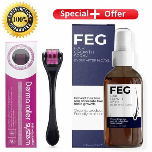 FEG Hair Growth Spray bottle and box with a black and pink derma roller