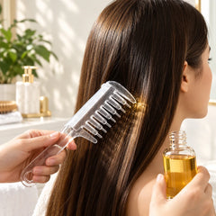 Using a clear hair oil applicator comb on long brown hair