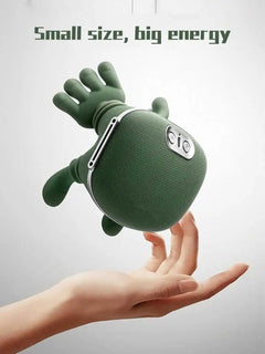 Compact green neck and shoulder massager with hand-shaped kneading heads