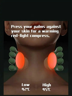 Neck massager illustration showing warming pads on either side of the neck
