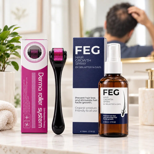 FEG Hair Growth Spray bottle and box with a black and pink derma roller