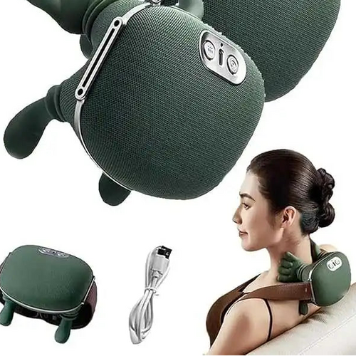 Green cordless neck and shoulder massager with charging cable and usage example