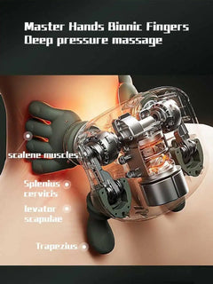 Cutaway illustration of neck massager motor and hand-shaped kneading mechanism