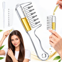 Refillable hair oil applicator comb with dropper, showing filling and scalp application